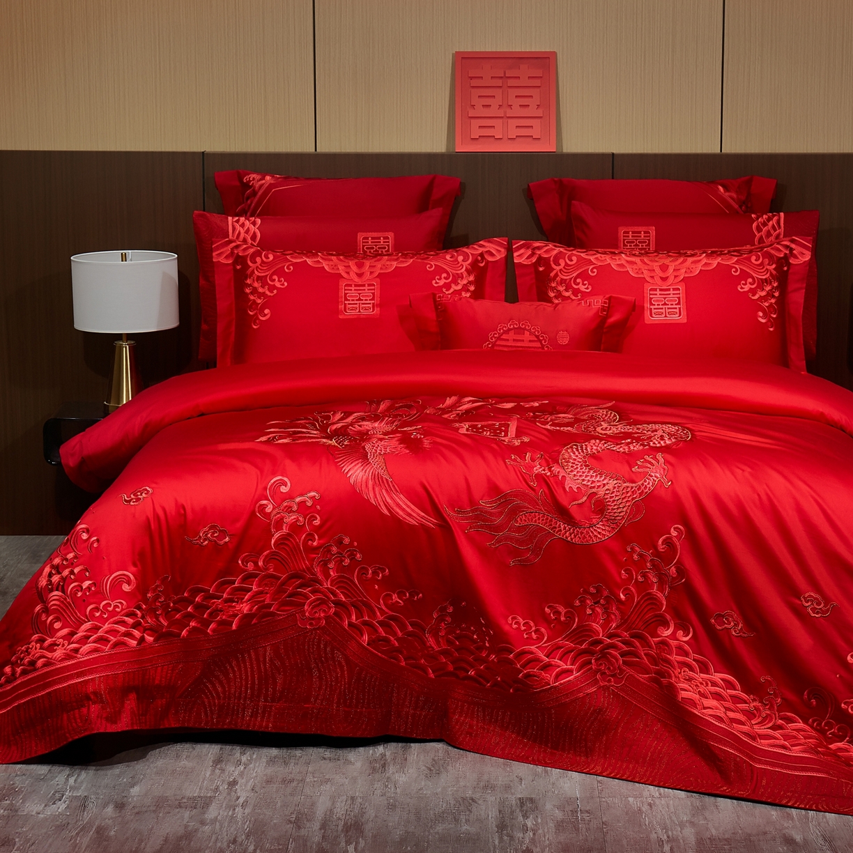 91家纺网 家纺一手货源 找家纺 蒂爵 2026婚庆新疆长绒棉纯棉原版大绣花婚庆四件套多件套340系列 龙凤王朝红