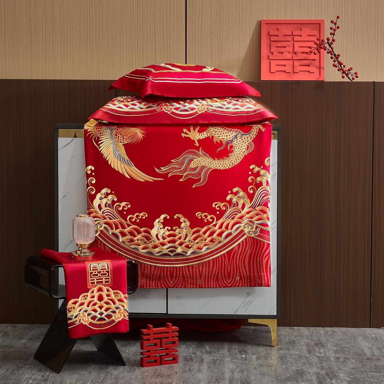 91家纺网 家纺一手货源 找家纺 蒂爵 2026婚庆新疆长绒棉纯棉原版大绣花婚庆四件套多件套340系列 龙凤王朝金