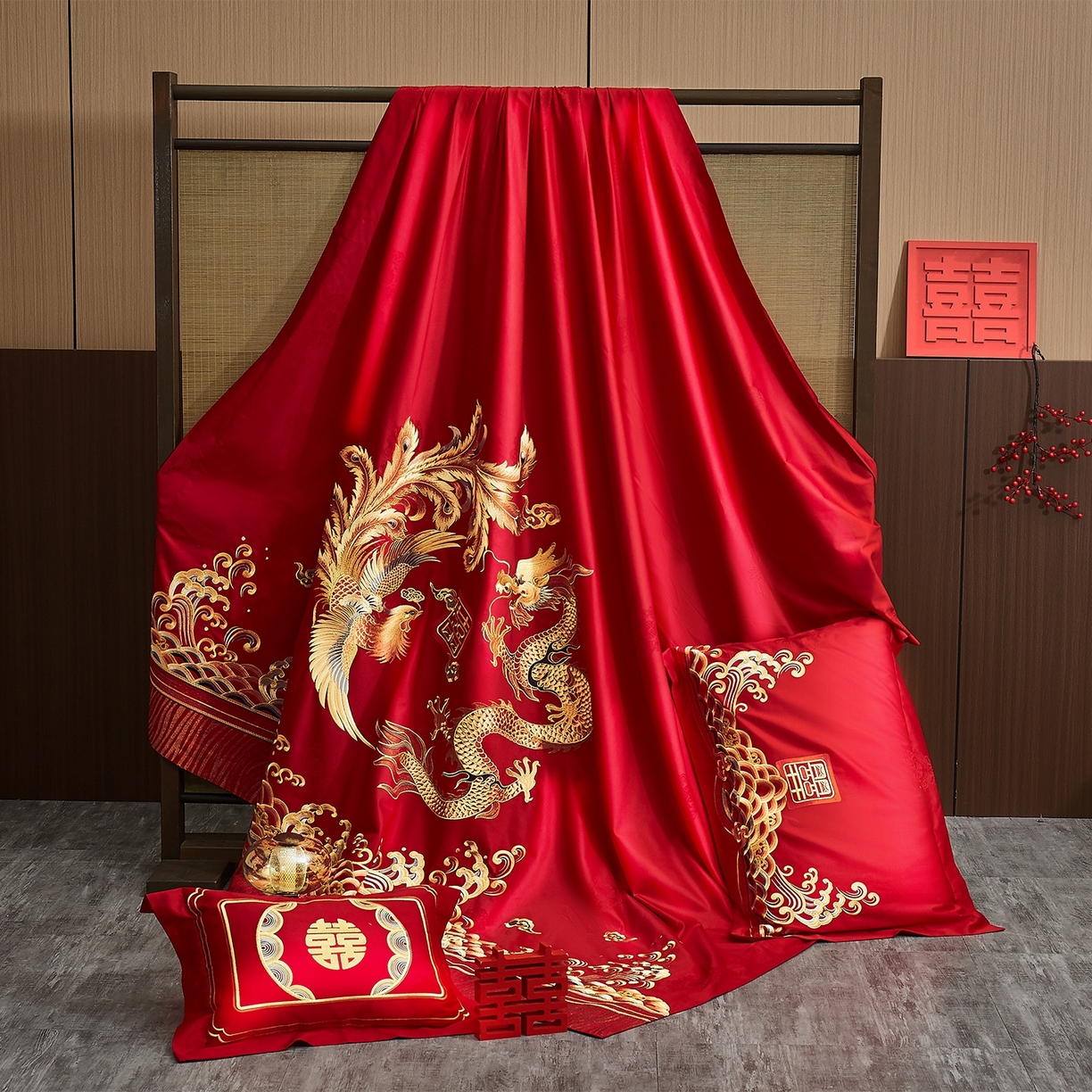 91家纺网 家纺一手货源 找家纺 蒂爵 2026婚庆新疆长绒棉纯棉原版大绣花婚庆四件套多件套340系列 龙凤王朝金