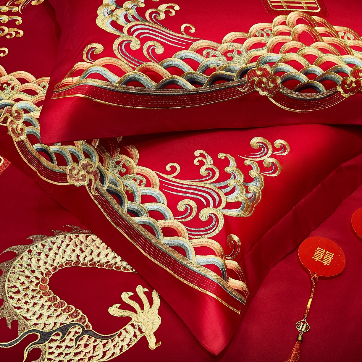 91家纺网 家纺一手货源 找家纺 蒂爵 2026婚庆新疆长绒棉纯棉原版大绣花婚庆四件套多件套340系列 龙凤王朝金