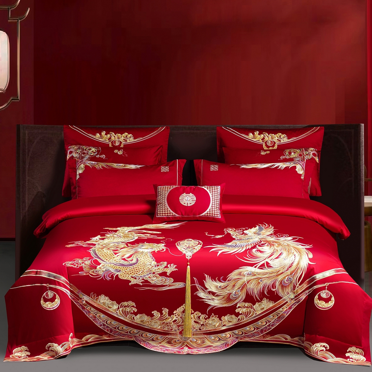 蒂爵 2026婚庆新疆长绒棉纯棉原版大绣花婚庆四件套多件套340系列 龙翔凤舞