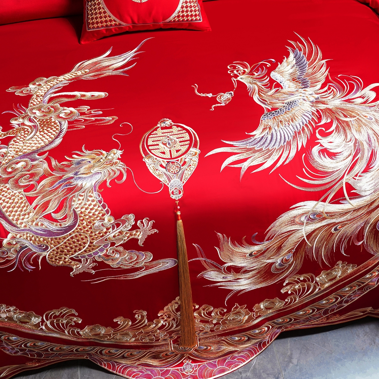 91家纺网 家纺一手货源 找家纺 蒂爵 2026婚庆新疆长绒棉纯棉原版大绣花婚庆四件套多件套340系列 龙翔凤舞