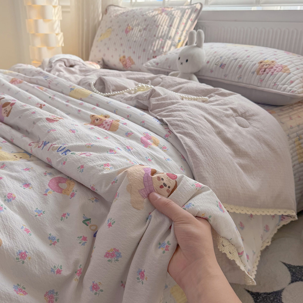 91家纺网 家纺一手货源 找家纺 悠米悠家 2026春夏新款木棉双层纱单夏被夏凉被空调被 花漾萌宠