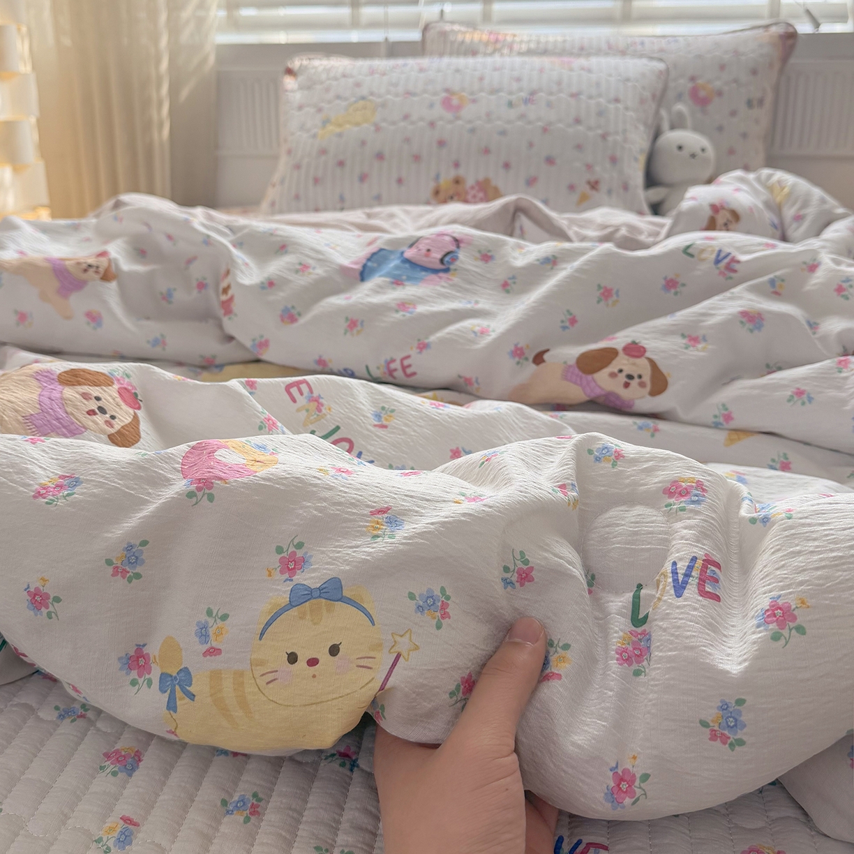 91家纺网 家纺一手货源 找家纺 悠米悠家 2026春夏新款木棉双层纱单夏被夏凉被空调被 花漾萌宠