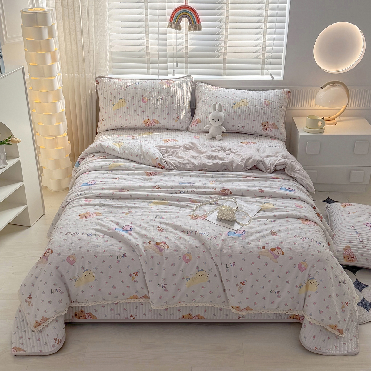 91家纺网 家纺一手货源 找家纺 悠米悠家 2026春夏新款木棉双层纱单夏被夏凉被空调被 花漾萌宠