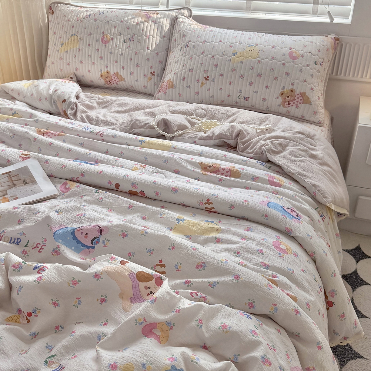 91家纺网 家纺一手货源 找家纺 悠米悠家 2026春夏新款木棉双层纱单夏被夏凉被空调被 花漾萌宠