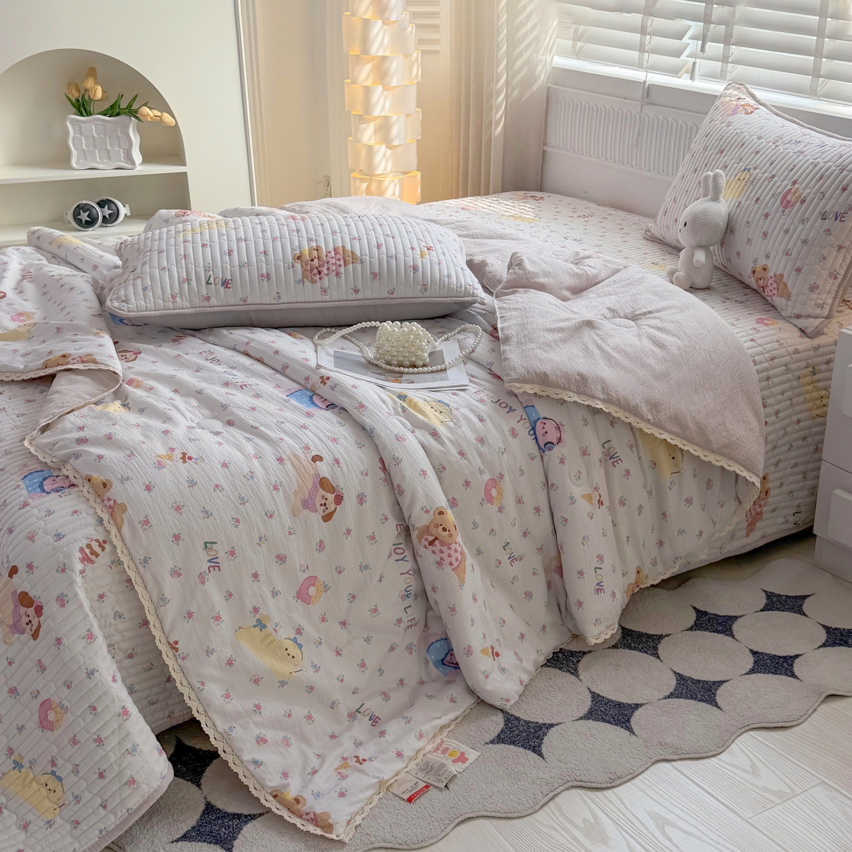 91家纺网 家纺一手货源 找家纺 悠米悠家 2026春夏新款木棉双层纱单夏被夏凉被空调被 花漾萌宠