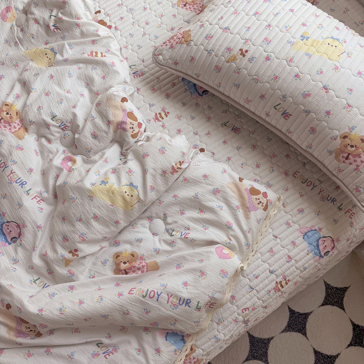 91家纺网 家纺一手货源 找家纺 悠米悠家 2026春夏新款木棉双层纱单夏被夏凉被空调被 花漾萌宠