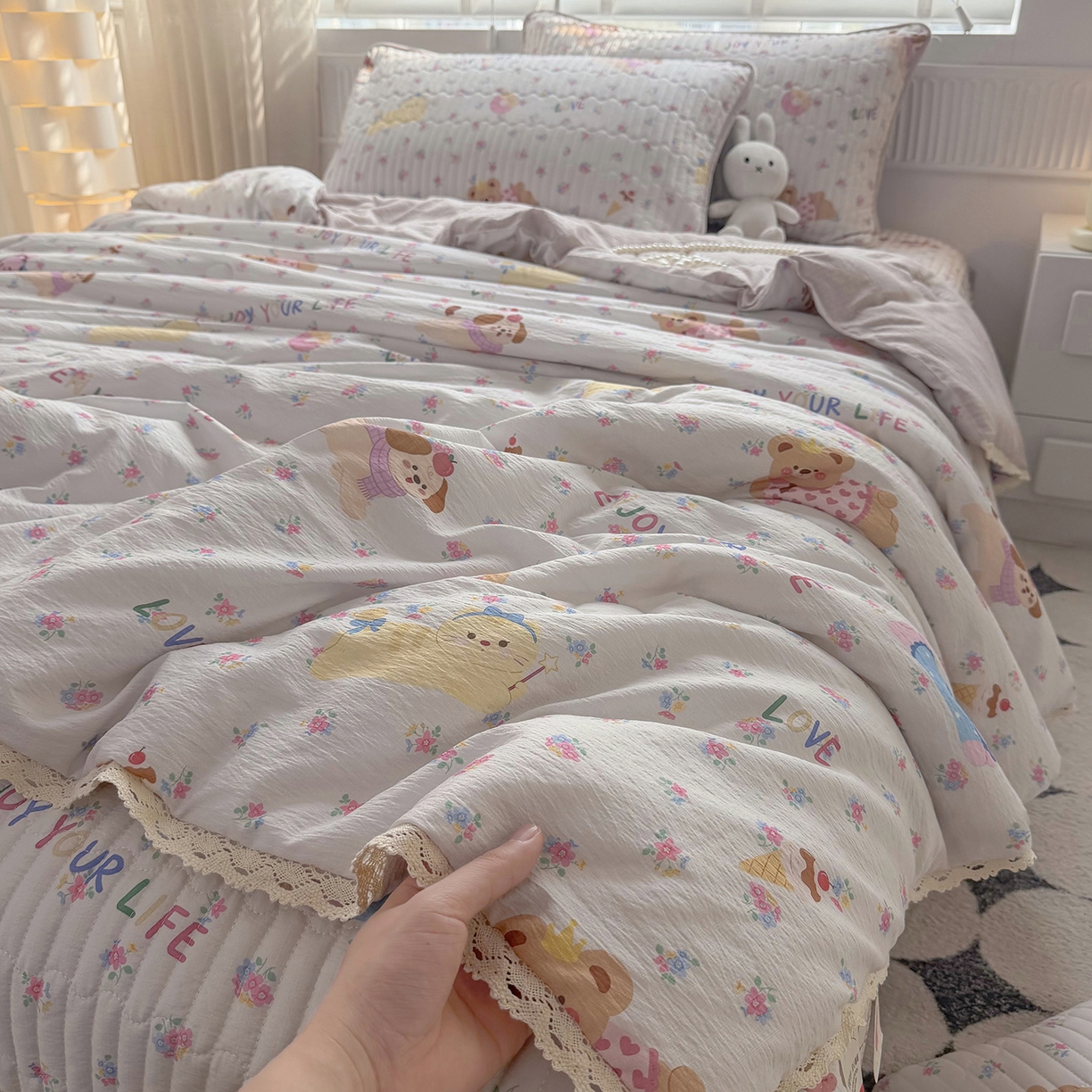 91家纺网 家纺一手货源 找家纺 悠米悠家 2026春夏新款木棉双层纱单夏被夏凉被空调被 花漾萌宠