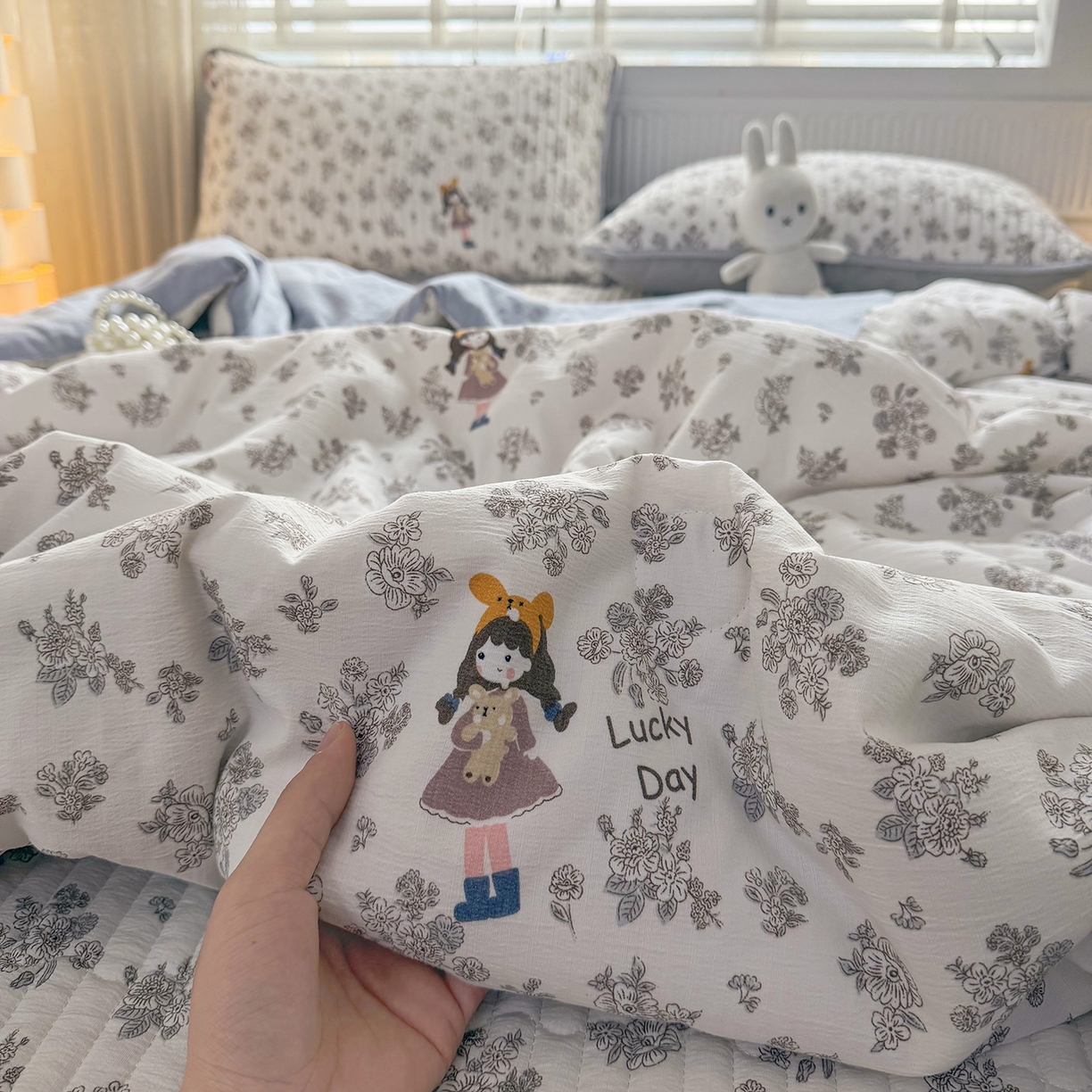 91家纺网 家纺一手货源 找家纺 悠米悠家 2026春夏新款木棉双层纱单夏被夏凉被空调被 晨间花园