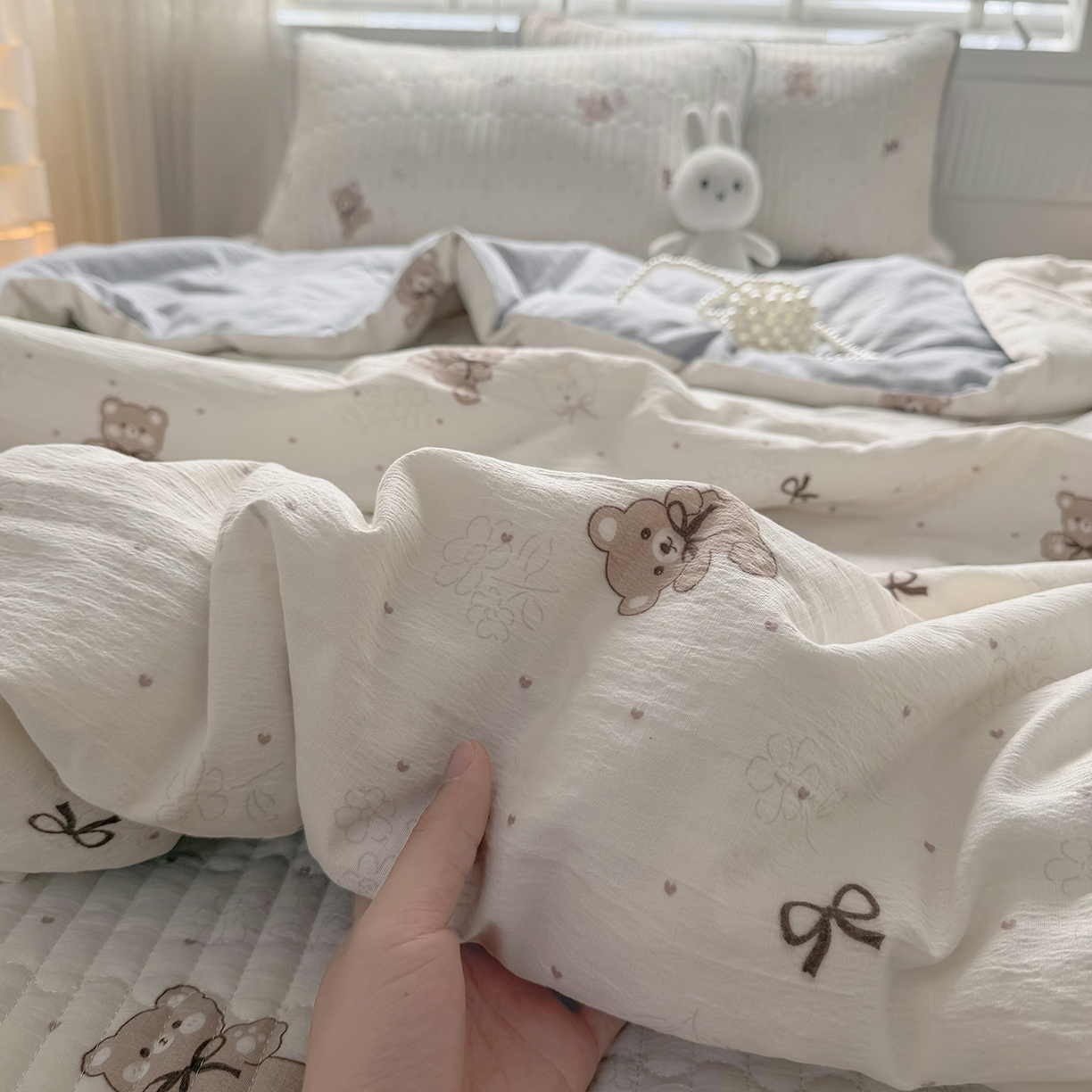 91家纺网 家纺一手货源 找家纺 悠米悠家 2026春夏新款木棉双层纱单夏被夏凉被空调被 可可萌熊