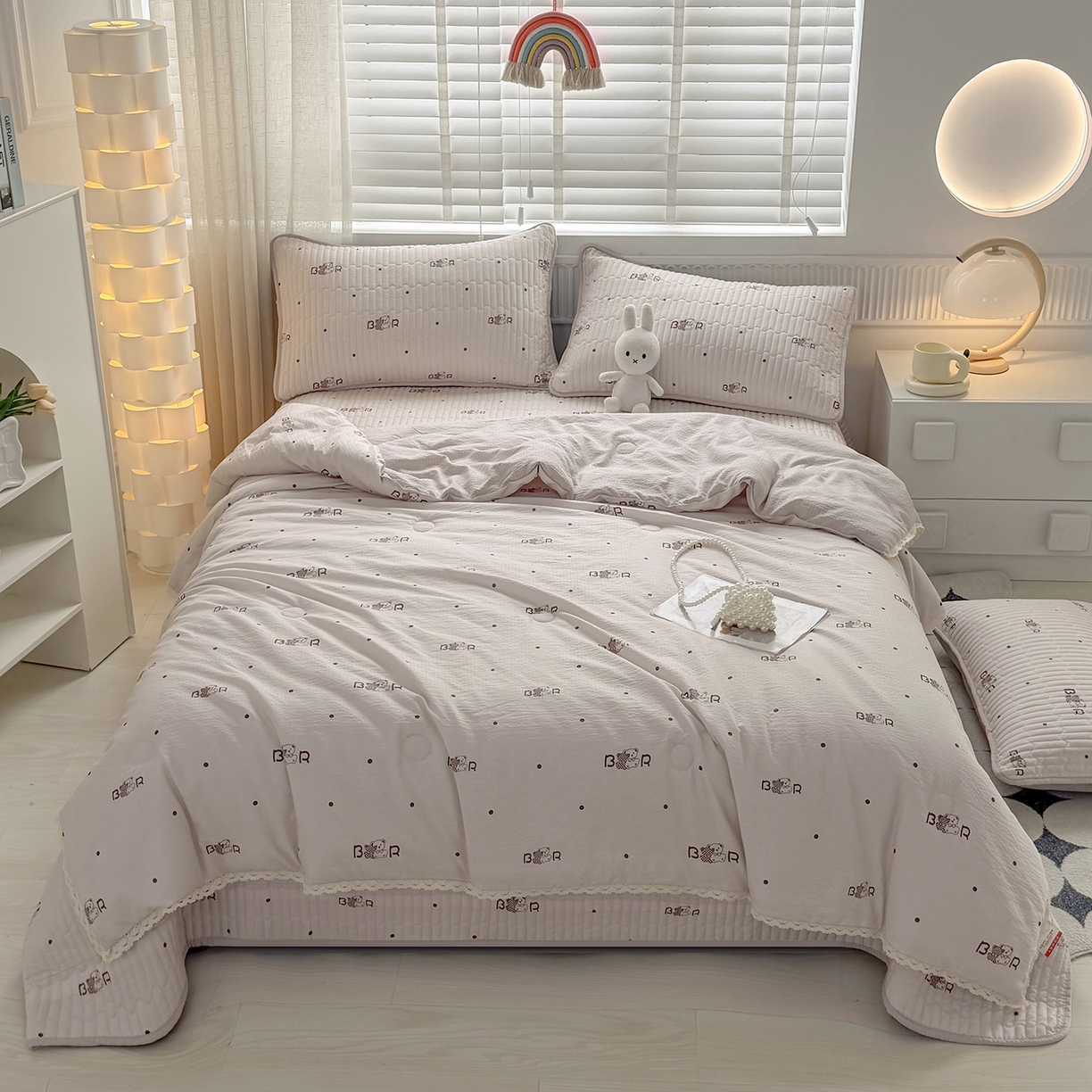 91家纺网 家纺一手货源 找家纺 悠米悠家 2026春夏新款木棉双层纱单夏被夏凉被空调被 奶咖小熊