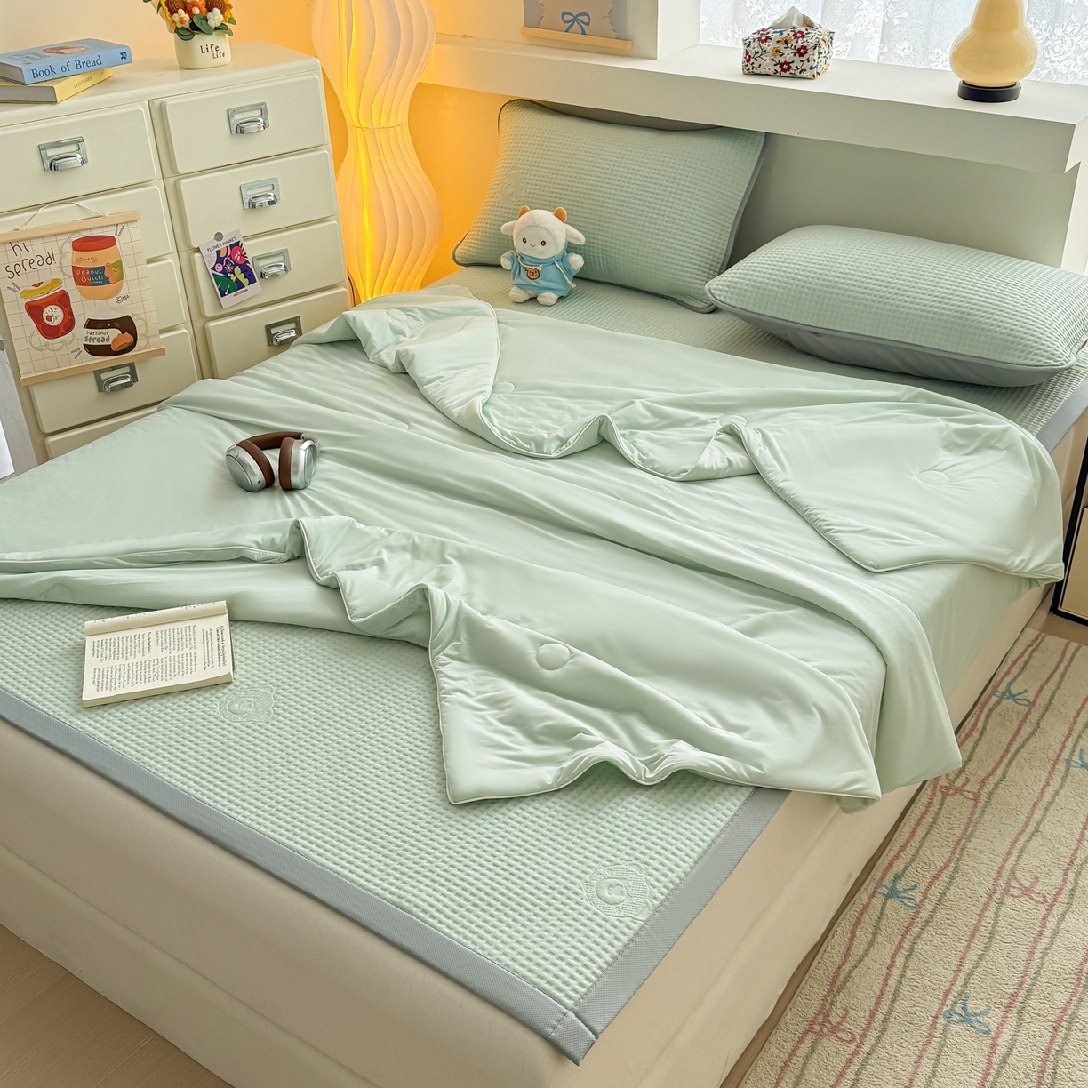 91家纺网 家纺一手货源 找家纺 欧邦 2026新款华夫格小熊系列凉感冰豆豆凉席款 小熊水绿