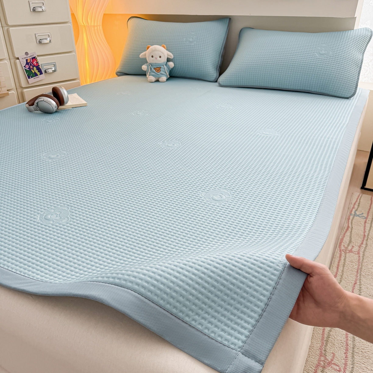 欧邦 2026新款华夫格小熊系列凉感冰豆豆凉席款 小熊孔雀蓝