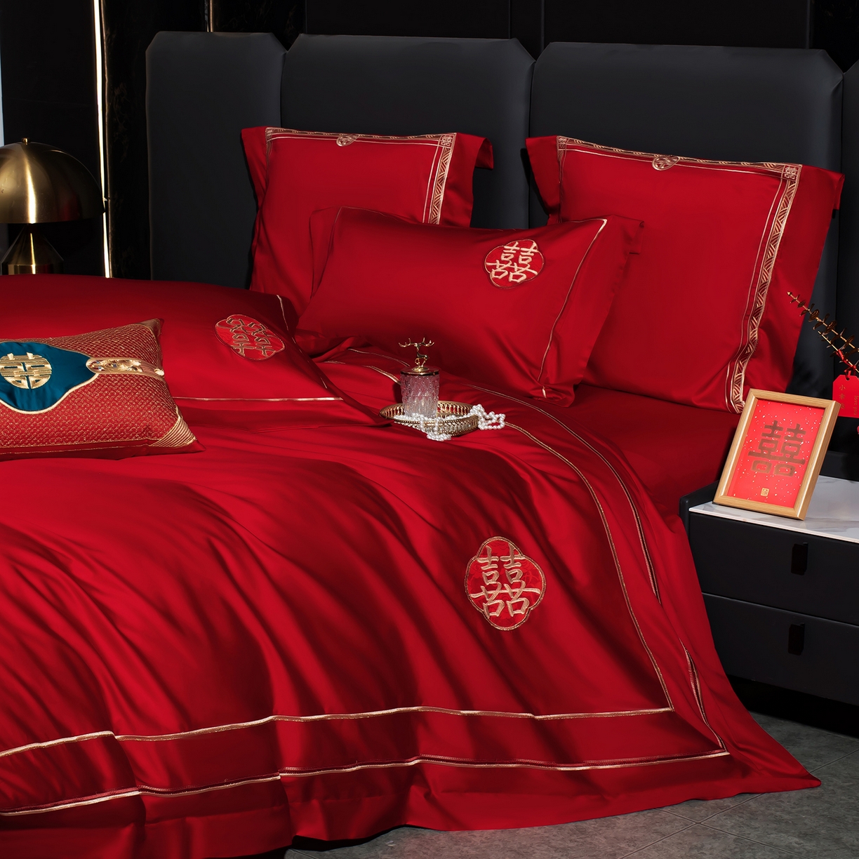 91家纺网 家纺一手货源 找家纺 蒂爵 2026年100支婚庆长绒棉纯棉时尚小红书爆款刺绣婚庆四件套多件套280系列 吉庆良缘