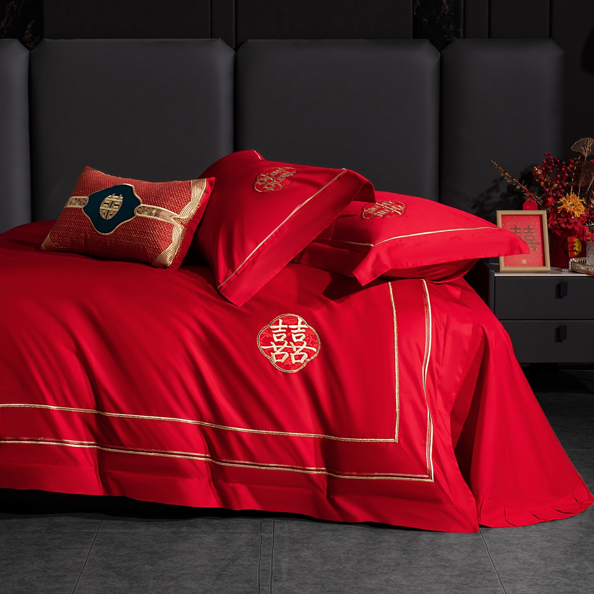 91家纺网 家纺一手货源 找家纺 蒂爵 2026年100支婚庆长绒棉纯棉时尚小红书爆款刺绣婚庆四件套多件套280系列 吉庆良缘