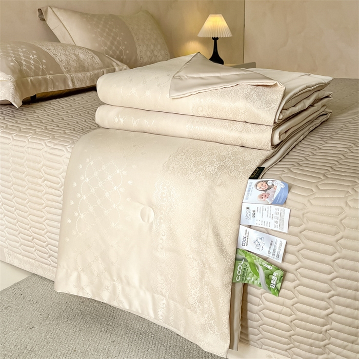 大麦家纺 2026年高精密锦缎提花夏被四件套 梦网-米黄