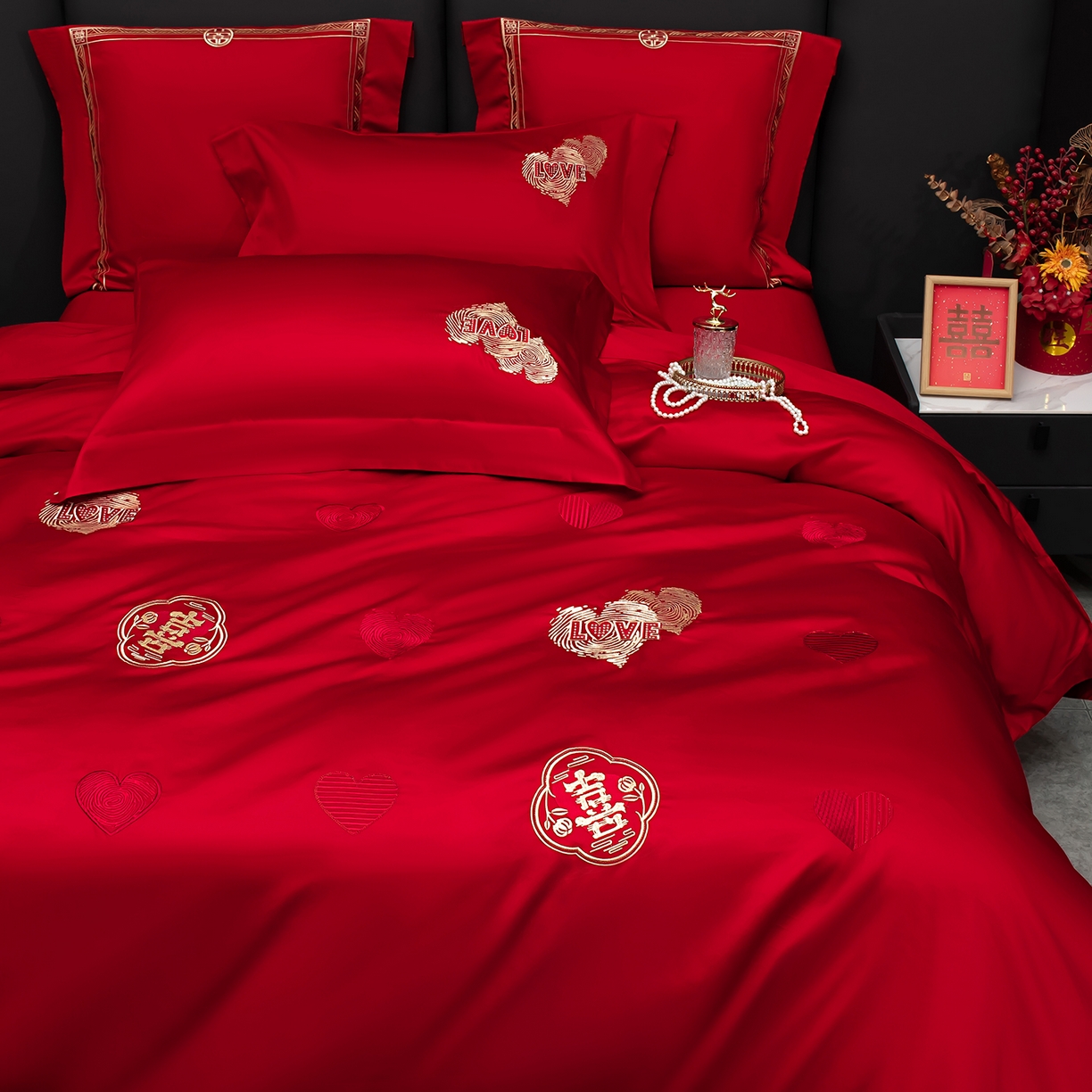 91家纺网 家纺一手货源 找家纺 蒂爵 2026年100支婚庆长绒棉纯棉时尚小红书爆款刺绣婚庆四件套多件套280系列 心动