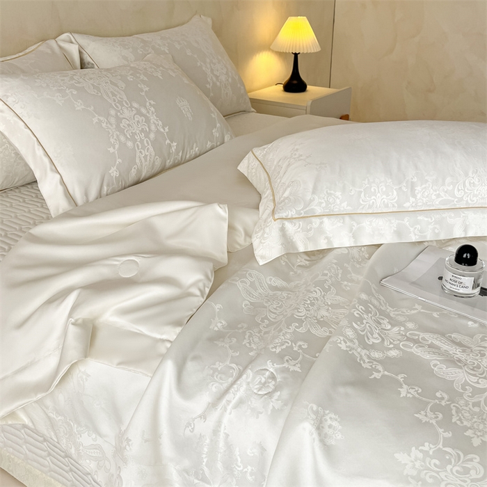 91家纺网 家纺一手货源 找家纺 大麦家纺 2026年高精密锦缎提花夏被四件套 密锁-米白