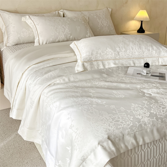 91家纺网 家纺一手货源 找家纺 大麦家纺 2026年高精密锦缎提花夏被四件套 密锁-米白