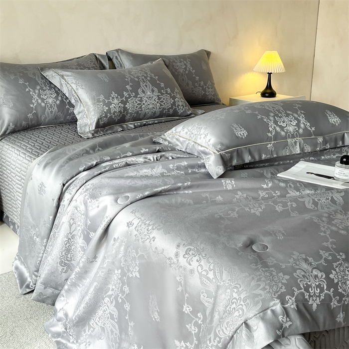 91家纺网 家纺一手货源 找家纺 大麦家纺 2026年高精密锦缎提花夏被四件套 密锁-浅灰