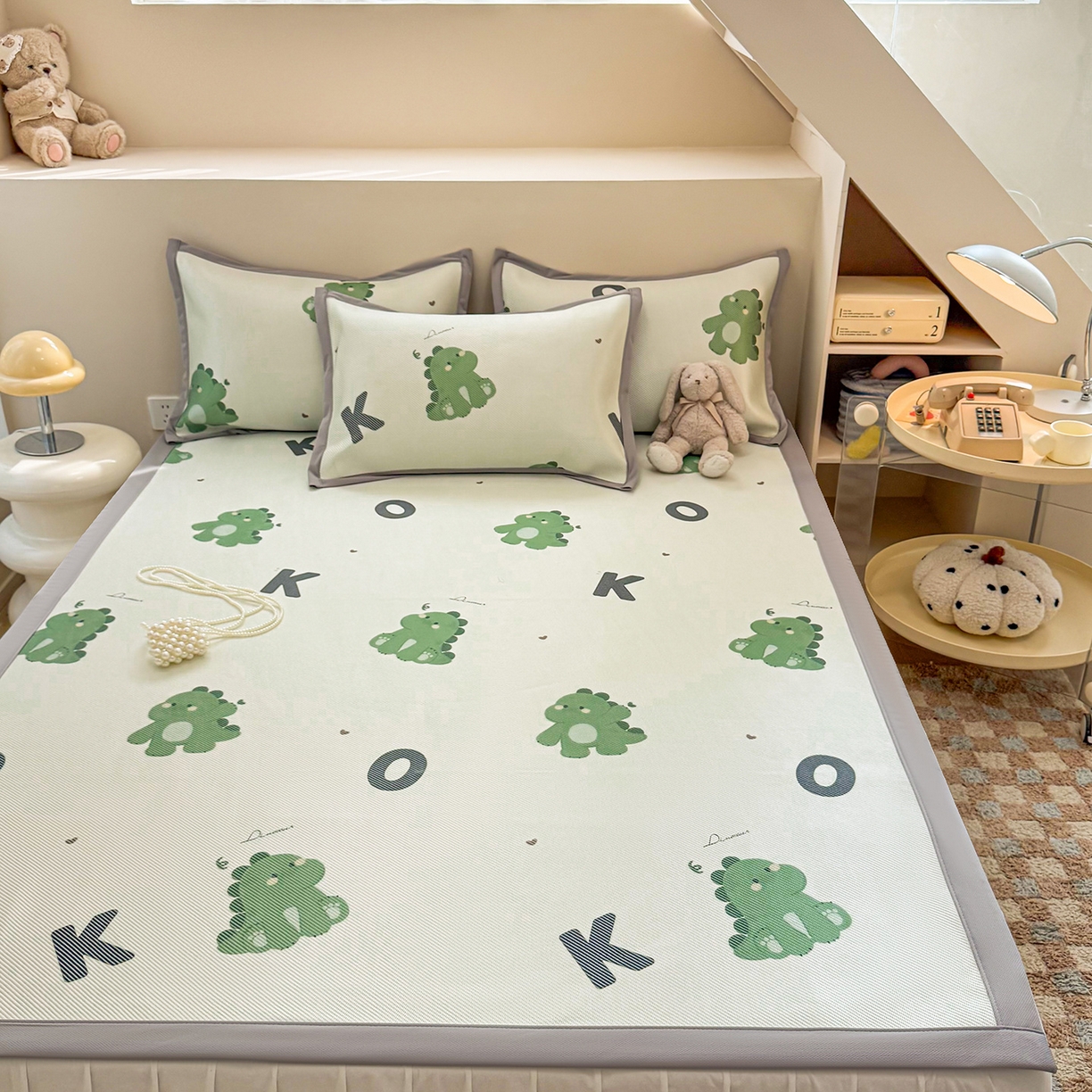 懒猫家纺 2026春夏新款600D数码印花冰藤凉席席子-床席款 小恐龙怪兽