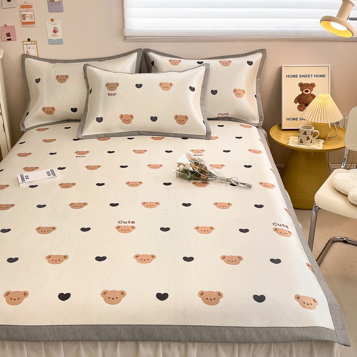 懒猫家纺 2026春夏新款600D数码印花冰藤凉席席子-床席款 小熊仔