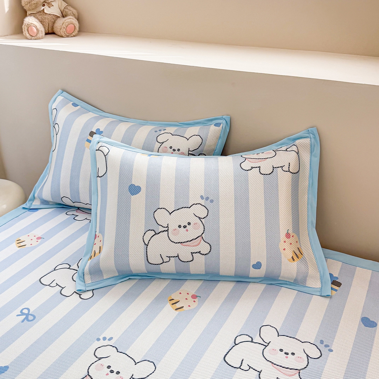 91家纺网 家纺一手货源 找家纺 懒猫家纺 2026春夏新款600D数码印花冰藤凉席席子-床席款 甜品小狗