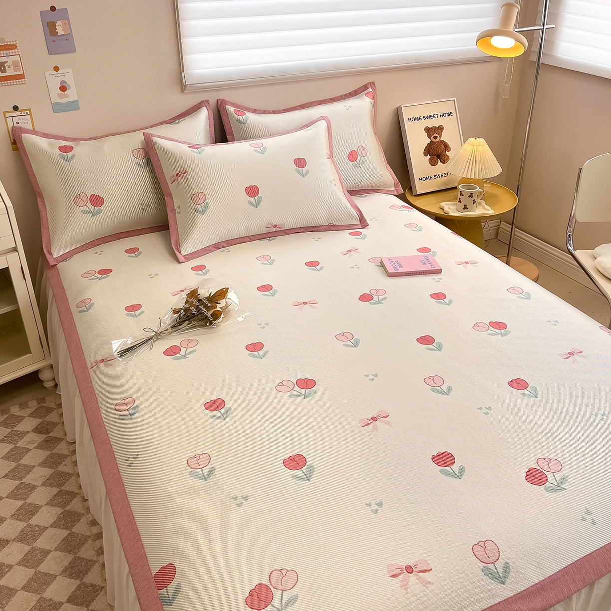 91家纺网 家纺一手货源 找家纺 懒猫家纺 2026春夏新款600D数码印花冰藤凉席席子-床席款 郁金香