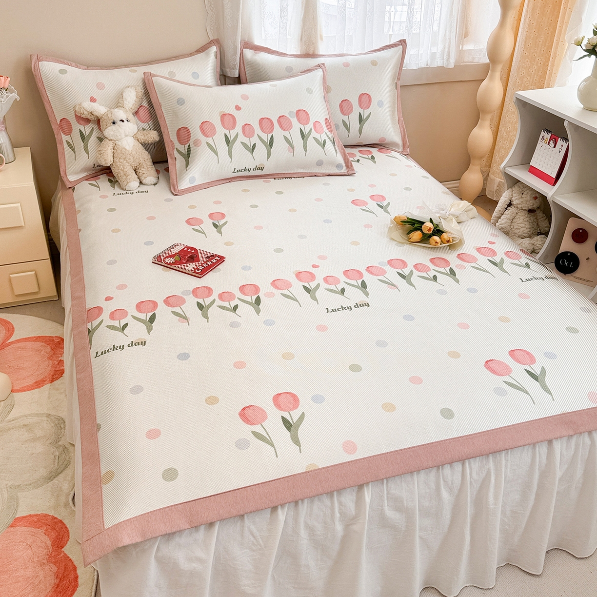 91家纺网 家纺一手货源 找家纺 懒猫家纺 2026春夏新款600D数码印花冰藤凉席席子-床席款 浪漫郁金香