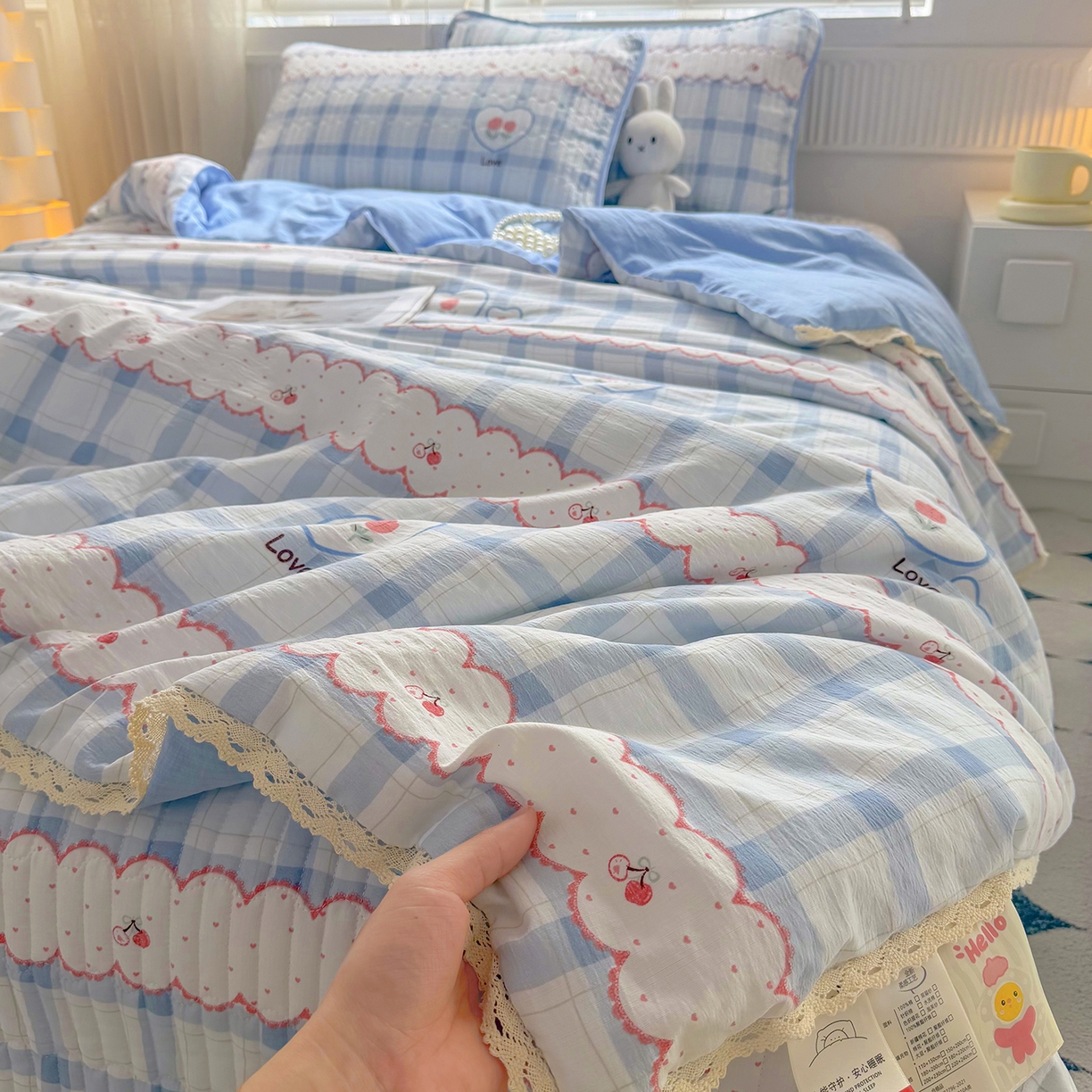 91家纺网 家纺一手货源 找家纺 悠米悠家 2026春夏新款木棉双层纱单夏被夏凉被空调被 告白气球