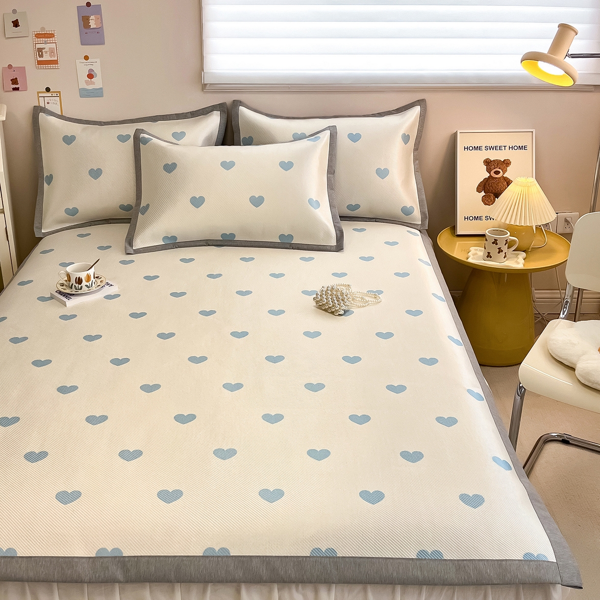 懒猫家纺 2026春夏新款600D数码印花冰藤凉席席子-床席款 小爱心