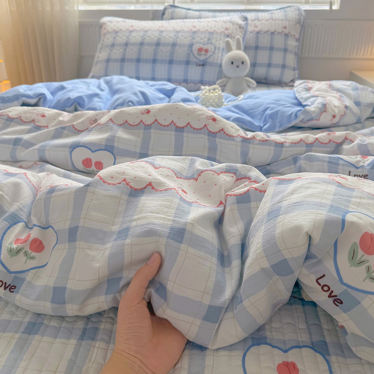 91家纺网 家纺一手货源 找家纺 悠米悠家 2026春夏新款木棉双层纱单夏被夏凉被空调被 告白气球