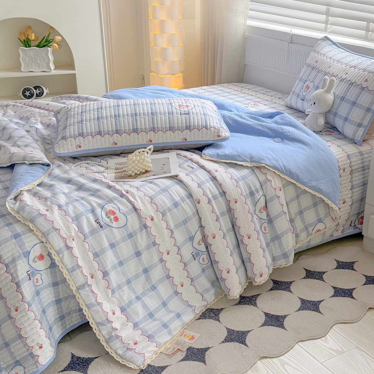 91家纺网 家纺一手货源 找家纺 悠米悠家 2026春夏新款木棉双层纱单夏被夏凉被空调被 告白气球