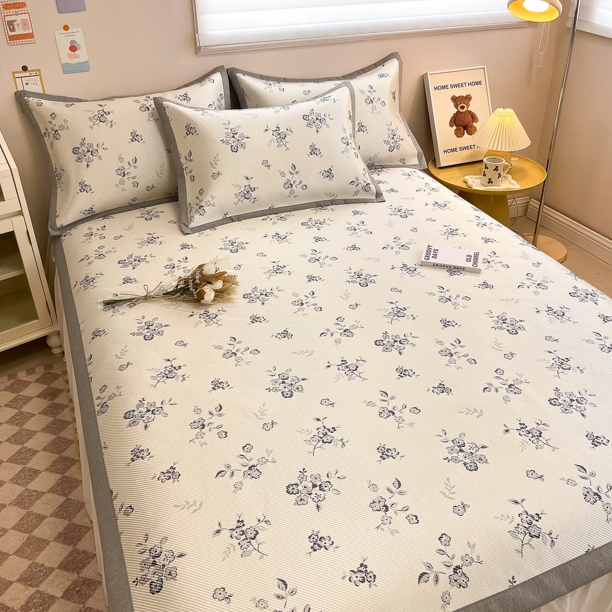 91家纺网 家纺一手货源 找家纺 懒猫家纺 2026春夏新款600D数码印花冰藤凉席席子-床席款 时光清浅