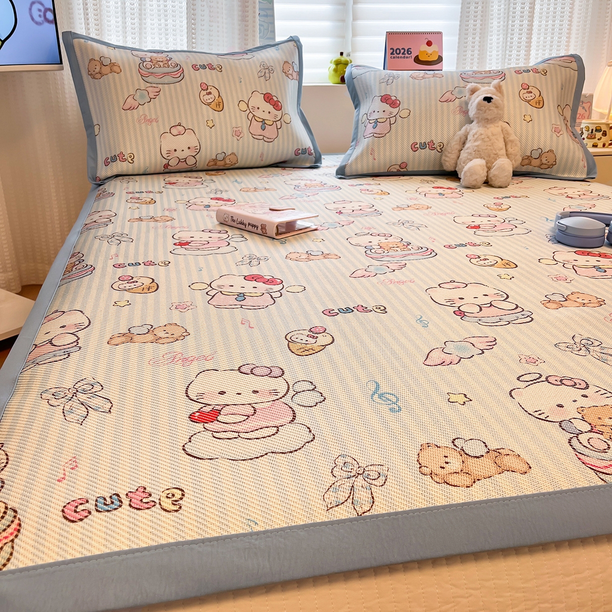 91家纺网 家纺一手货源 找家纺 懒猫家纺 2026春夏新款600D数码印花冰藤凉席席子-床席款 甜心天使