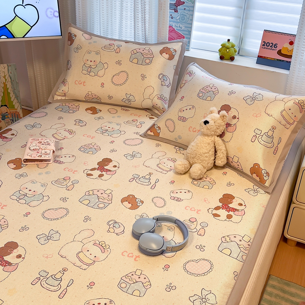 91家纺网 家纺一手货源 找家纺 懒猫家纺 2026春夏新款600D数码印花冰藤凉席席子-床席款 甜品小屋