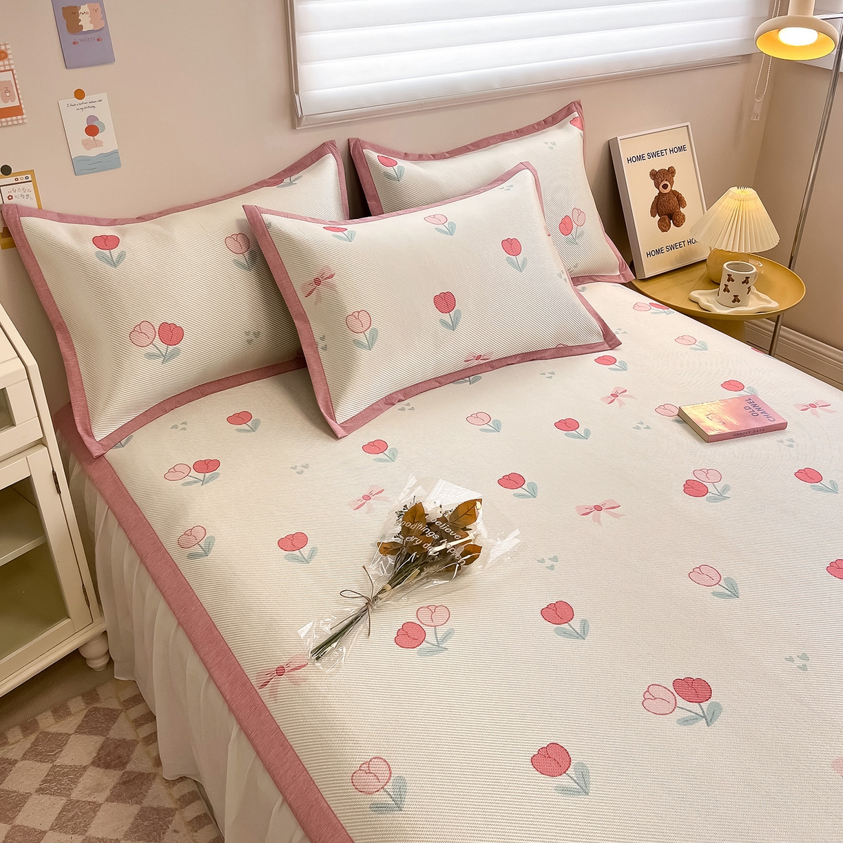 91家纺网 家纺一手货源 找家纺 懒猫家纺 2026春夏新款600D数码印花冰藤凉席席子-床席款 郁金香