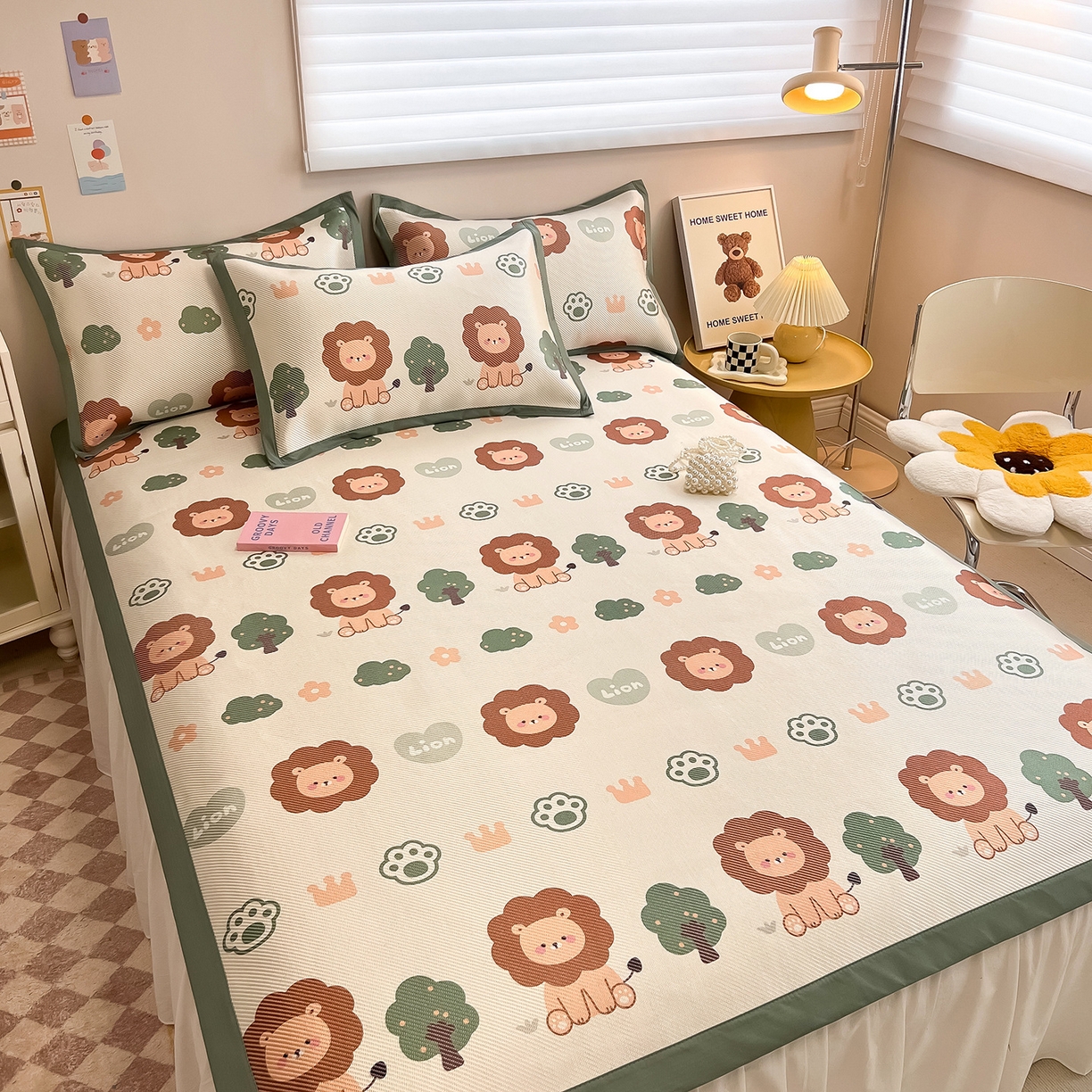 91家纺网 家纺一手货源 找家纺 懒猫家纺 2026春夏新款600D数码印花冰藤凉席席子-床席款 狮子王