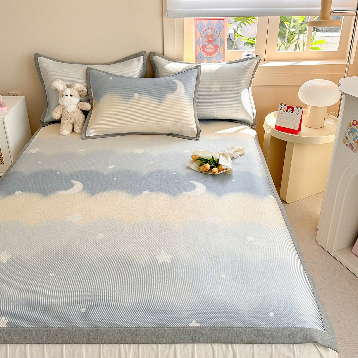 91家纺网 家纺一手货源 找家纺 懒猫家纺 2026春夏新款600D数码印花冰藤凉席席子-床席款 星月