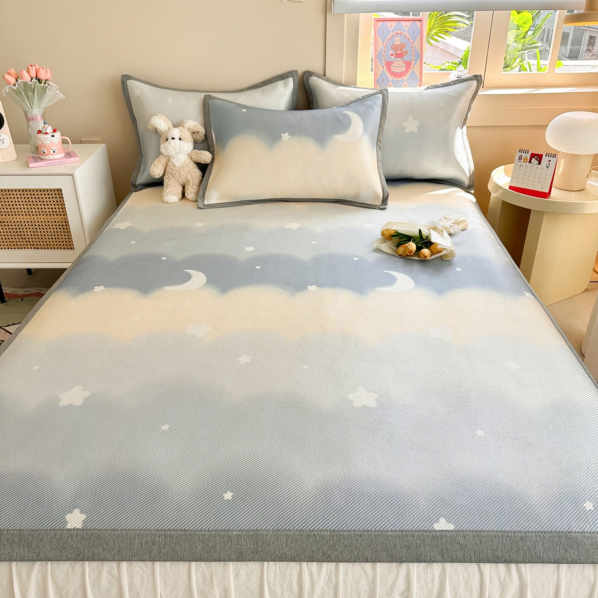 91家纺网 家纺一手货源 找家纺 懒猫家纺 2026春夏新款600D数码印花冰藤凉席席子-床席款 星月