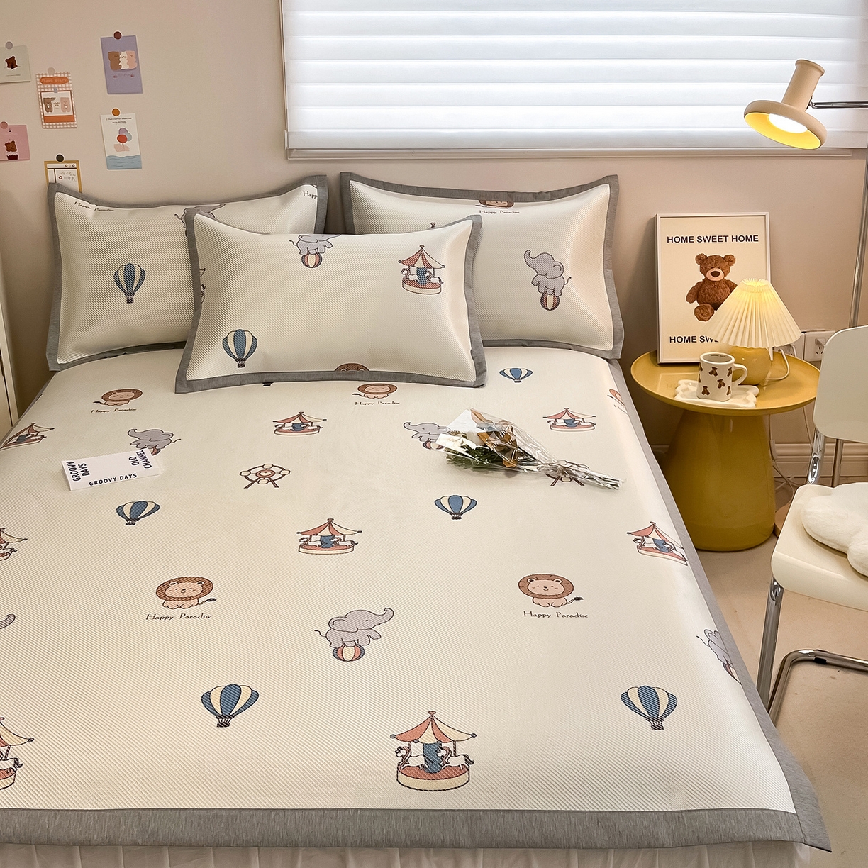 懒猫家纺 2026春夏新款600D数码印花冰藤凉席席子-床席款 游乐园