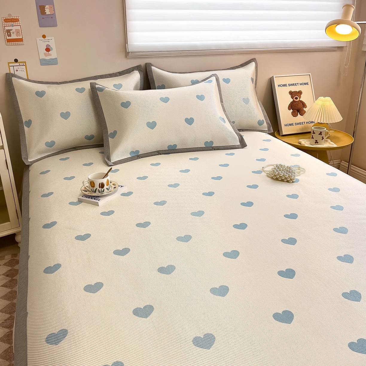 91家纺网 家纺一手货源 找家纺 懒猫家纺 2026春夏新款600D数码印花冰藤凉席席子-床席款 小爱心