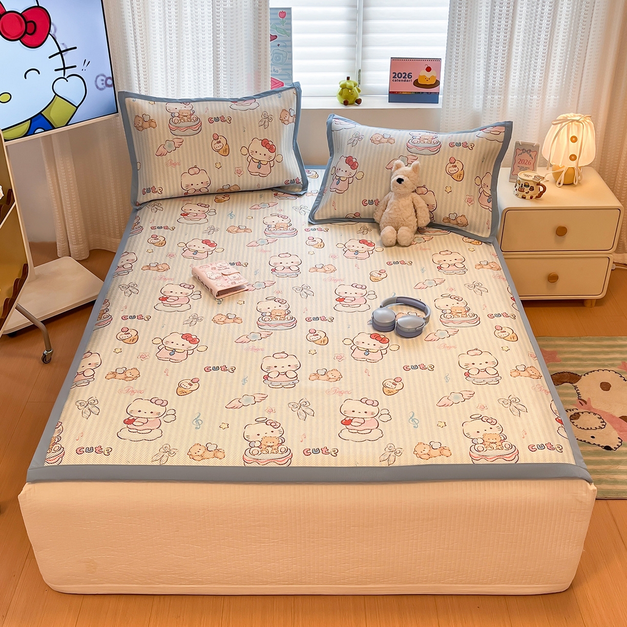 91家纺网 家纺一手货源 找家纺 懒猫家纺 2026春夏新款600D数码印花冰藤凉席席子-床席款 甜心天使