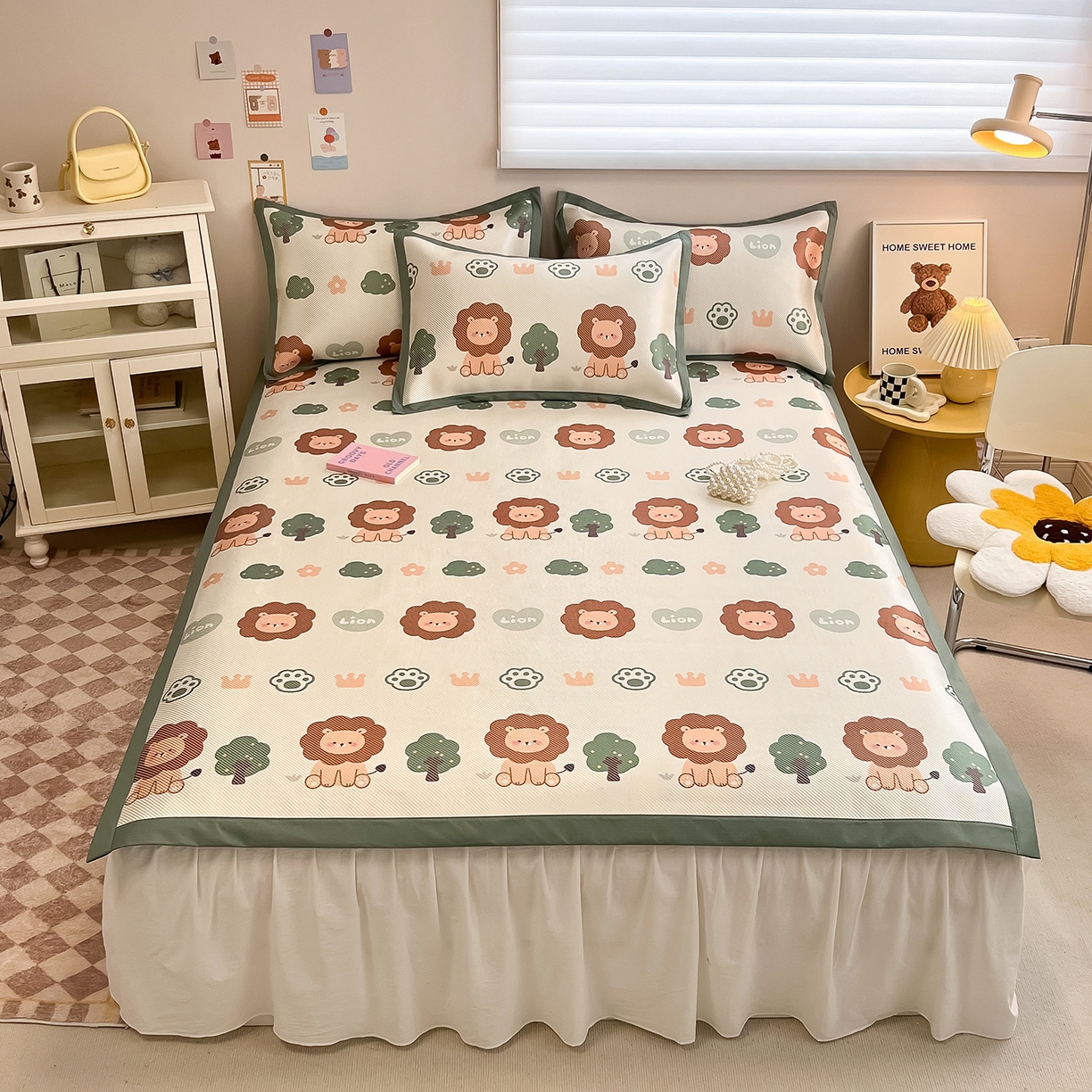 91家纺网 家纺一手货源 找家纺 懒猫家纺 2026春夏新款600D数码印花冰藤凉席席子-床席款 狮子王