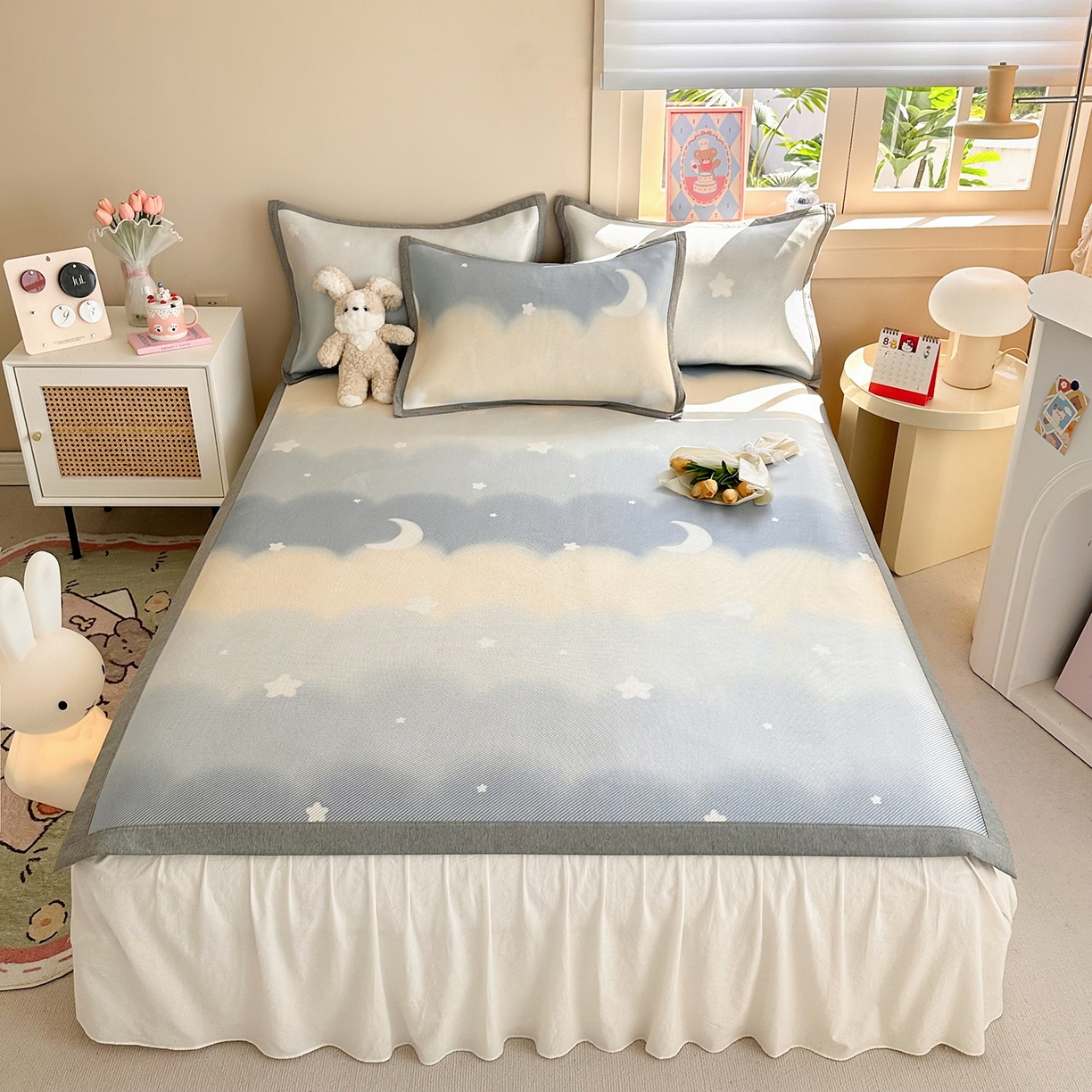 91家纺网 家纺一手货源 找家纺 懒猫家纺 2026春夏新款600D数码印花冰藤凉席席子-床席款 星月