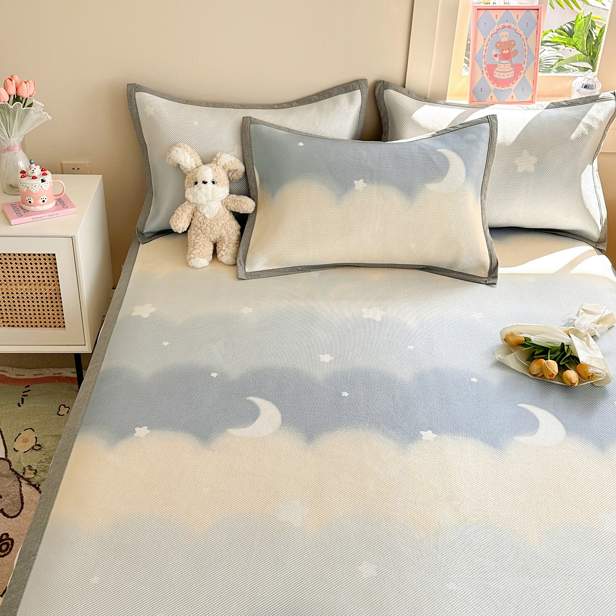 91家纺网 家纺一手货源 找家纺 懒猫家纺 2026春夏新款600D数码印花冰藤凉席席子-床席款 星月