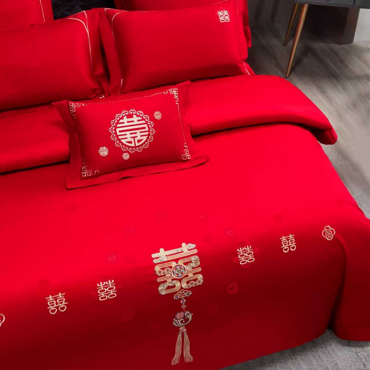 91家纺网 家纺一手货源 找家纺 蒂爵 2026年100支婚庆长绒棉纯棉时尚小红书爆款刺绣婚庆四件套多件套280系列 喜韵佳缘