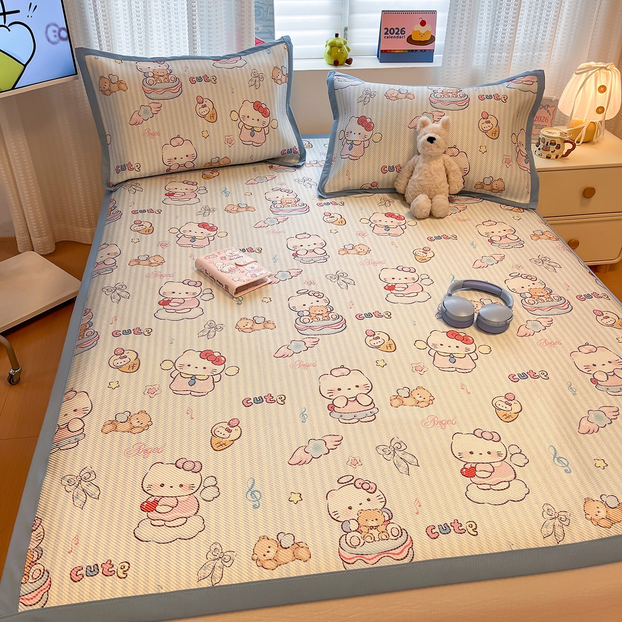 91家纺网 家纺一手货源 找家纺 懒猫家纺 2026春夏新款600D数码印花冰藤凉席席子-床席款 甜心天使