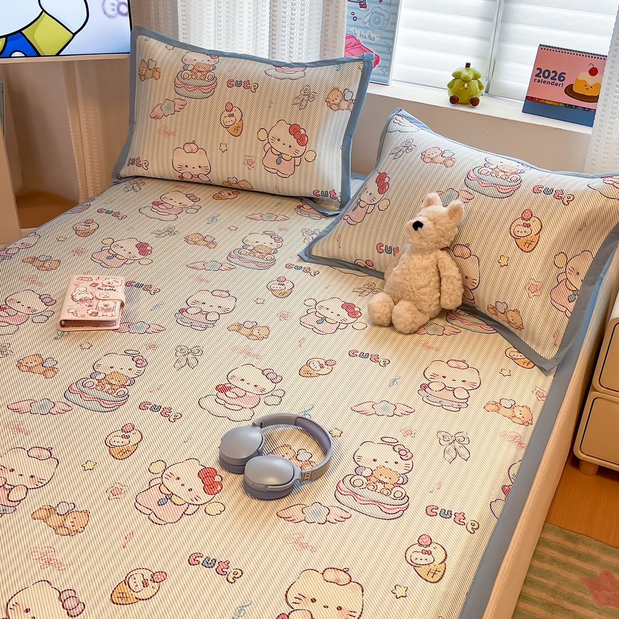 91家纺网 家纺一手货源 找家纺 懒猫家纺 2026春夏新款600D数码印花冰藤凉席席子-床席款 甜心天使